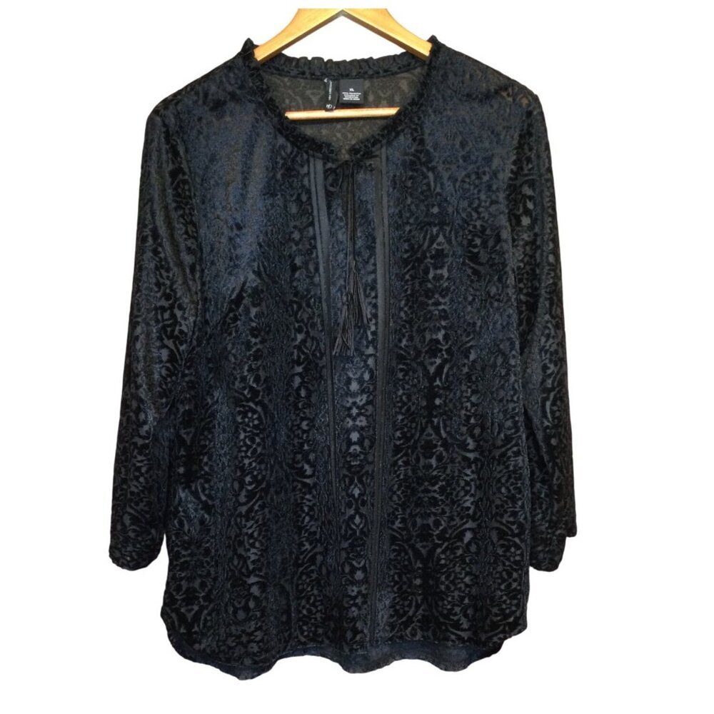 Black Burnout Velvet Tassel Tie Top Size XL Boho Whimsigoth Dark Coquette Flowy